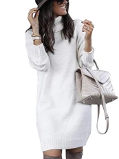 Women Sweater Dress Warm Knited Jumper Elegant Long Sleeve Long Turtleneck Solid Cloor Tunic Autumn Winter Ladies Bodycon Mini Dress White XS
