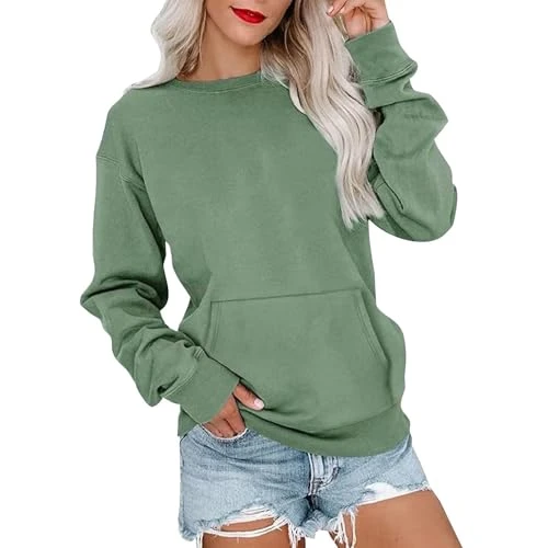 Women Sweatshirts Crew Neck Slim Fit Long Sleeve Top Solid Color Pullover Jumper With Pockets Y2K Wo