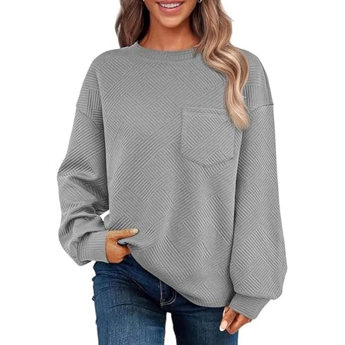 Women Sweatshirts Drop Shoulder Casual Long Sleeve Top With Pockets Ribbed Solid Color Pullover Top 