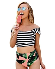 Women Swimwear High Waisted Striped Bikini 2 Piece Suit L Women Swimwear High Waisted Striped Bikini 2 Piece Suit L