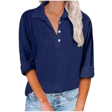 Women T Shirts Solid Color Long Sleeve Blouses Lapel Neck Button Down Shirt Roll Up Sleeve Pullover