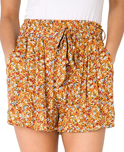 Women Tie Belted Waist Multicolour Flower Print Shorts (Mustard Floral, S) 11091-MSTD-S