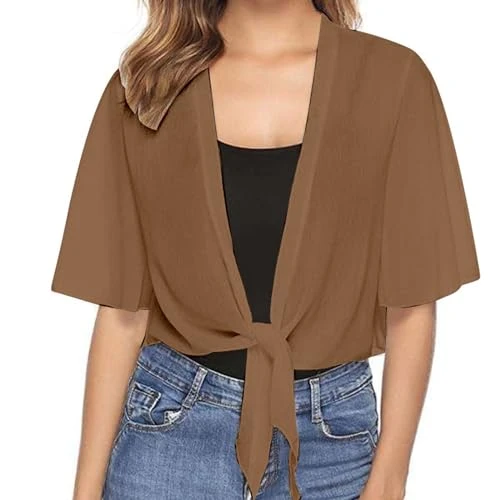 Women Tie Front Chiffon Shrug Short Sleeve Cropped Sheer Bolero Shrug Cardigan