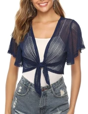 Women Tie Front Shrug Short Sleeve Cropped Sheer Bolero Shrug Cardigan - NAVY - XX-Large Women Tie Front Shrug Short Sleeve Cropped Sheer Bolero Shrug Cardigan - NAVY - XX-Large
