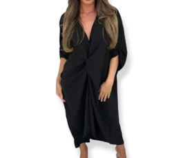 Women Tie Knot Twist V-Neck Oversized Long Soft Touch Summer Smock Midi Dress Ladies Plain Batwing Sleeve Baggy Midi Dress Black Plus Size 20-22