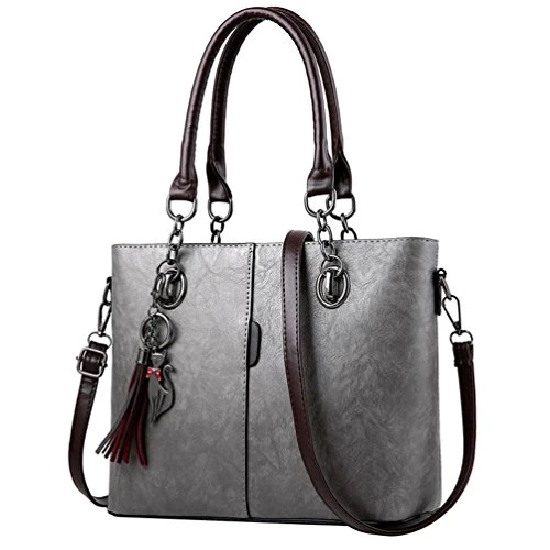 Women Top-Handle Bags with Metal Pendant PU Leather Large Capacity Square Handbags Vintage Shoulder Bags (Gray, 31 * 24 * 13cm)