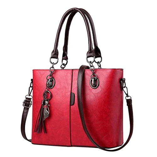 Women Top-Handle Bags with Metal Pendant PU Leather Large Capacity Square Handbags Vintage Shoulder Bags (Wine Red, 31 * 24 * 13cm)