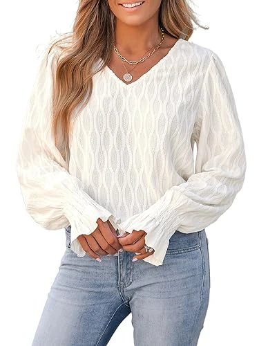 Women Tops Smocked Trumpet Long Sleeves Blouse Lace V Neck Casual Dressy Shirts Ivory M