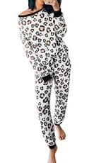 Women Tracksuit Casual Two Piece Pajamas Set Leopard Print Long Sleeve Off Shoulder Tops With Drawstring Pants Loungewear Sleepwear Pyjamas Sports Sets B White XS