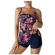 Women Tribal Printed Tankini Set Soft Elastic Swimsuits with Boyshort Three Piece Bikini Women Tankini Sets Swimwear 2 Pieces Bathing Suit Athletic Swimsuit with Boyshort