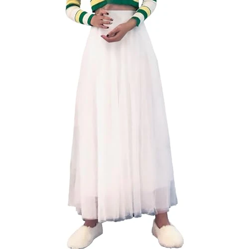 Women Tulle Skirt Pleated Skirt Height Waist A Line Mesh Leisure Fashion Skirt Lace Skirt Midi Pleated Skirt Casual Spring Skirt(C White,One Size)