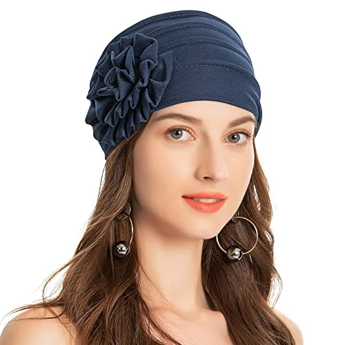 Women Turban Beanie Hat with Flower Chemo Headwear Elastic Head Wrap Cap(Floral Navy),One Size