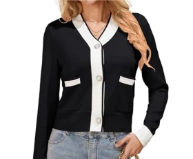 Women V Neck Button Down Long Sleeve Sweater Contrasting Color Cropped Cardigan Black L