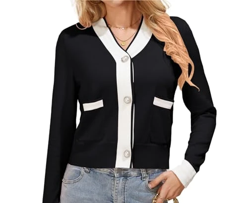 Women V Neck Button Down Long Sleeve Sweater Contrasting Color Cropped Cardigan Black L