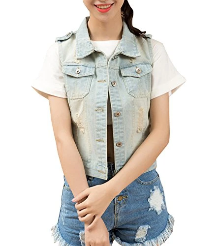 Women V-Neck Button Up Casual Slim Fit Denim Waistcoat Vest Sleeveless Washed Jeans Jacket Beige L