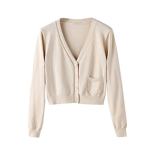 Women V Neck Cardigan Sweater Jacket Knitted Sweater Solid Color Clip Jackets, beige, L