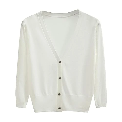 Women V Neck Cardigan Sweater Jacket Solid Color Knitted Sweater Sleeves Women, white, XXX-Large
