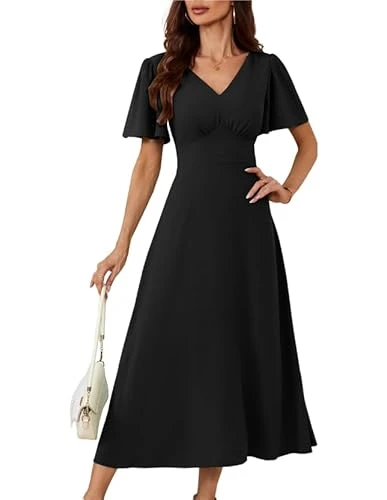 Women V Neck Casual Dresses Cap Sleeves Chiffon Causal Dresses Graduation A Line Dress Black S