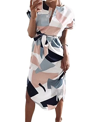 Women V-Neck Floral Summer Long Dress Printed Split Dresses Beach Sundresses Bodycon Midi Dress XL White
