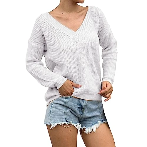 Women V Neck Sweater Solid Color Loose Casual Knitted Sweater Warm Lohas Time Knitwear Cardigans Clips Women, White, M