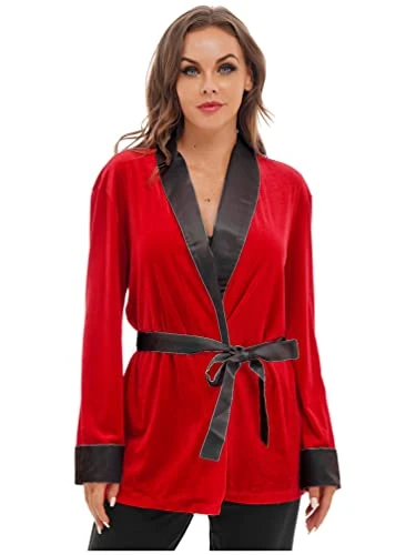 Women Velvet Christmas Mrs Santa Claus Costume Robe Outfits Bathrobe with Belt Sleepwear Red 4XL