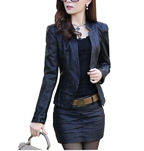 Women Vintage Faux Leather Slim Fit Lapel Zip Up PU Blazers Jacket and Skirt L Black