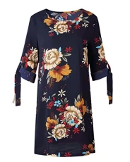 Women Vintage Floral Printed Short Sleeve Casual Loose Tunic Long T-Shirt Mini Dresses 3XL Navy2