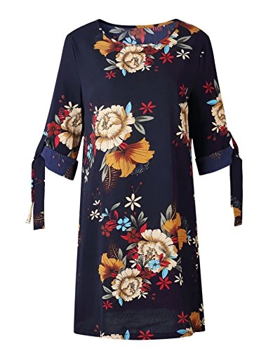 Women Vintage Floral Printed Short Sleeve Casual Loose Tunic Long T-Shirt Mini Dresses 3XL Navy2