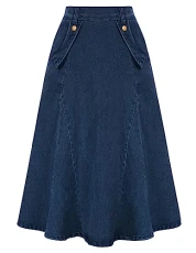 Women Vintage Jean Skirt Flared A-line Elastic Waist Work Office Knee Length Skirt Dark Blue L