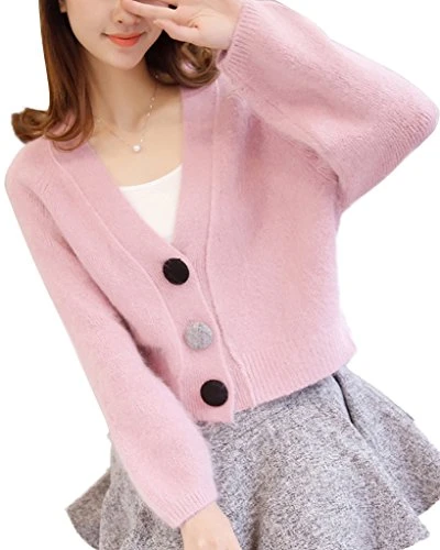 Women Warm Cardigan Autumn Winter Knitwear Fashion V Neck Tops Long Sleeve Coats Outerwear Pink One Size