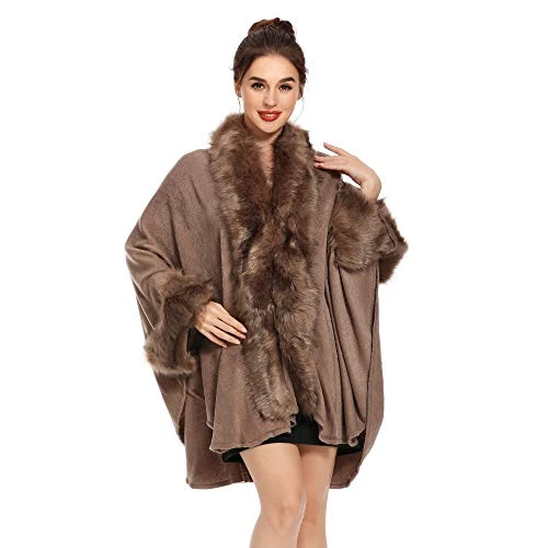 Women Warm Faux Fur Trim Layer Cardigan Sweaters Coat Cold Weather Shawls Capes (Coffee),One Size