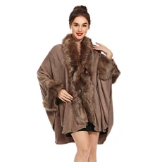 Women Warm Faux Fur Trim Layer Cardigan Sweaters Coat Cold Weather Shawls Capes (Coffee),One Size