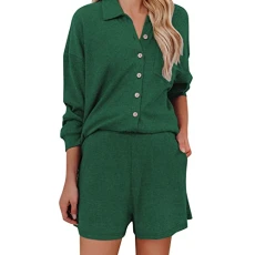 Women Warm Pajamas Set Ladies Solid Color Strip Button Lapel Casual Fashion Homewear Shorts Set Womens Sleepwear Pack Sale Clearance Army Green