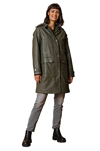 Women Waxed Coat with Hood - Ladies Hooded Winter Jacket with Pockets Autumn Long Longline Rainproof