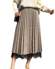 Women Winter A Line Midi High Waisted Casual Stretch Pleated Skirt Apricot One Size
