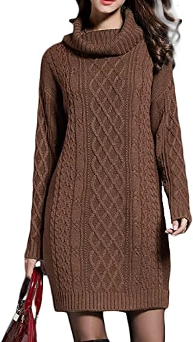 Women Winter Cowl Neck Slim Fit Pullover Sweater Turtleneck Cable Knit Mini Sweater Dresses Jumper (8, Camel)