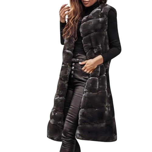 Women Winter Faux Fur Gilet Ladies Solid Color Plush Warm Sleeveless Long Vest Coat Body Warmer Wais