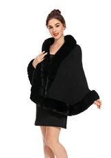 Women Winter Faux Fur Shawl Stole Warm Wrap Cape (Black),One Size
