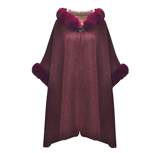 Women Winter Hooded Poncho Bape Faux Fur Warm Cardigan Sweater Cloak(Burgundy),One Size