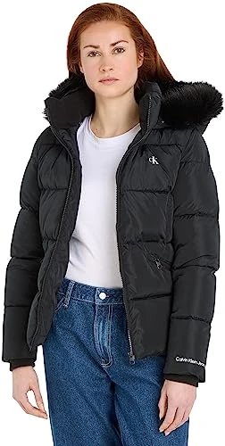 Women Winter Jacket Faux Fur Hooded Fitted Short, Black (Ck Black), XXS