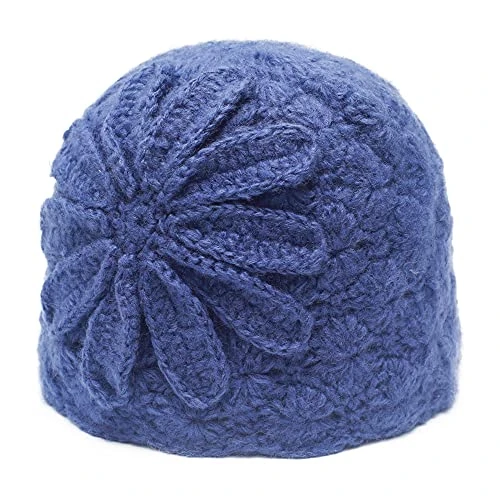 Women Winter Knit Beanie Hat Soft Crochet Skullies Beanies with Flower Accent(Solid Blue)