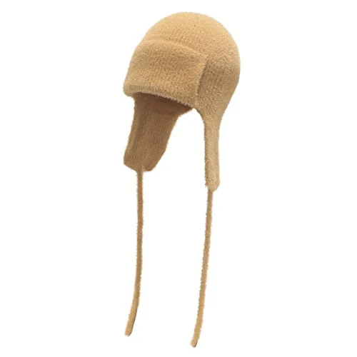 Women Winter Knitted Earflap Beanie Hat Soft Cashmere Feel Warm Ski Skully Cap(Plain Tan)