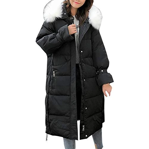Women Winter Warm Faux Fur Collar Hooded Quilted Padded Long Solid Down Jacket Pocket Coats Blue