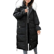 Women Winter Warm Faux Fur Collar Hooded Quilted Padded Long Solid Down Jacket Pocket Coats Blue