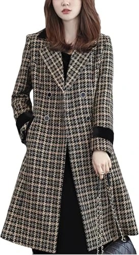 Women Winter Warm Houndstooth Plaid Wool Blend Coat Nothced Lapel Double Breasted Overcoat Winter Outwear Peacoat