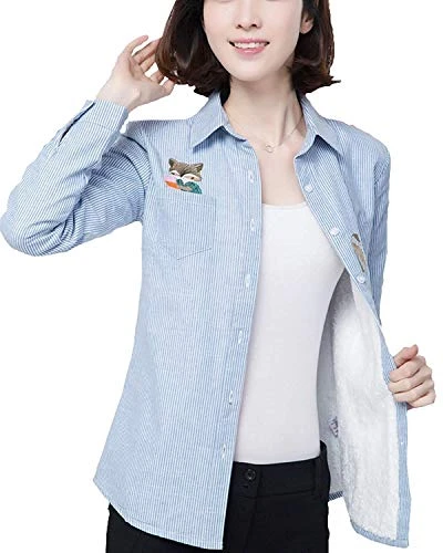 Women Winter Warm Long Sleeve Fleece Lined Flannel Buttoned Shirt (UK 10, Light Blue)