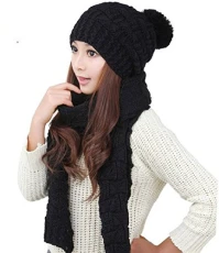 Women Winter Warm Thicken Knitted Scarf and Hat Set (Black)