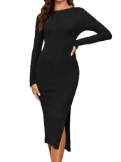 Women Work Dresses Elegant Casual Button Split Hem Sweater Dress Long Sleeve Plain Ribbed Knit Midi Dresses Black S Women Work Dresses Elegant Casual Button Split Hem Sweater Dress Long Sleeve Plain Ribbed Knit Midi Dresses Black S
