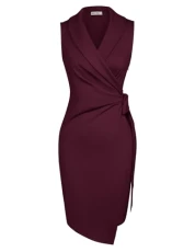 Women Wrap Dress Summer Sleeveless Bodycon Dress Midi Vintage Casual Party M Wine Red -2