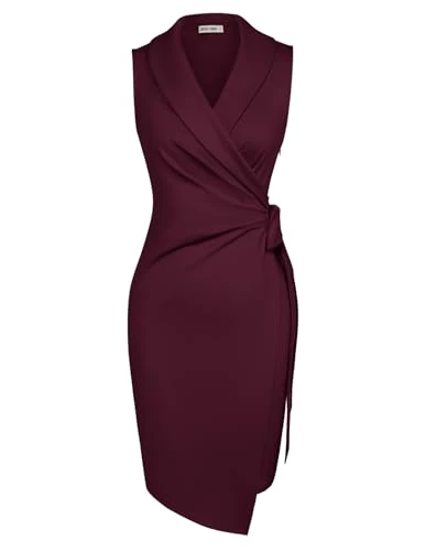 Women Wrap Dress Summer Sleeveless Bodycon Dress Midi Vintage Casual Party M Wine Red -2